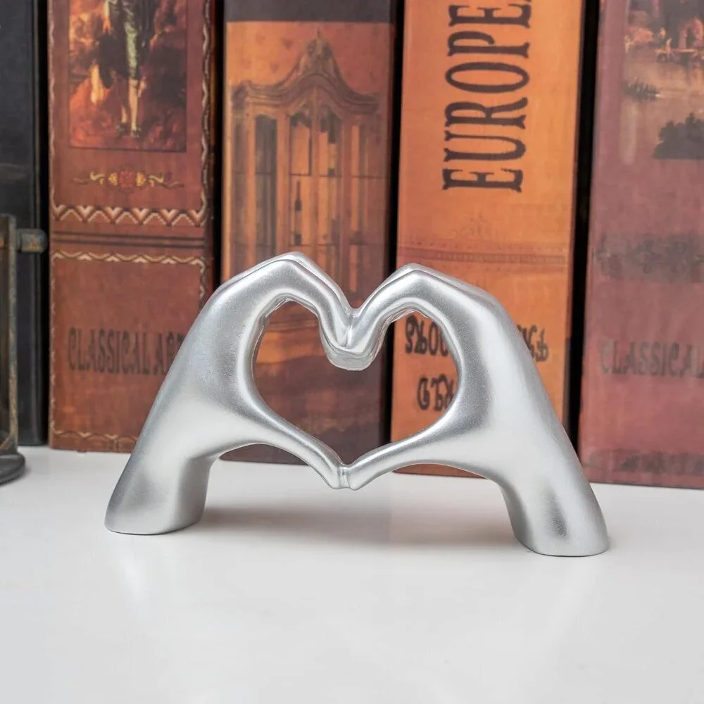 Small Silver Heart Hands Sculpture Decor for Living Room Bedroom Bookshelf